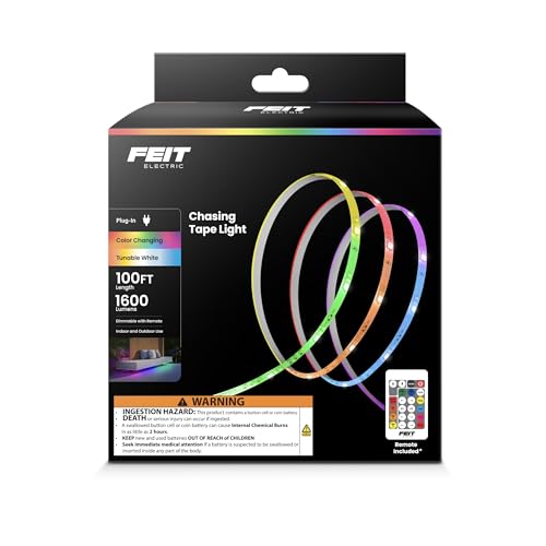 Image of Feit Electric 100ft Chasing & Tunable White LED Tape Light, Dimmable, RGB Colors, Cuttable for Custom Fit, Slim 0.4-Inch Width, Indoor /Outdoor Plug-in Light Strip, Remote Controlled, TAPE1200 /CHASE