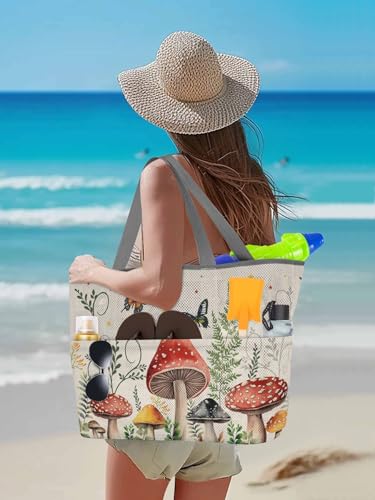 Mesh Beach Bag Oversized Tote Bags for Women Farm Mushroom Butterfly Star Large Travel Pool Bags with 8 Pockets3