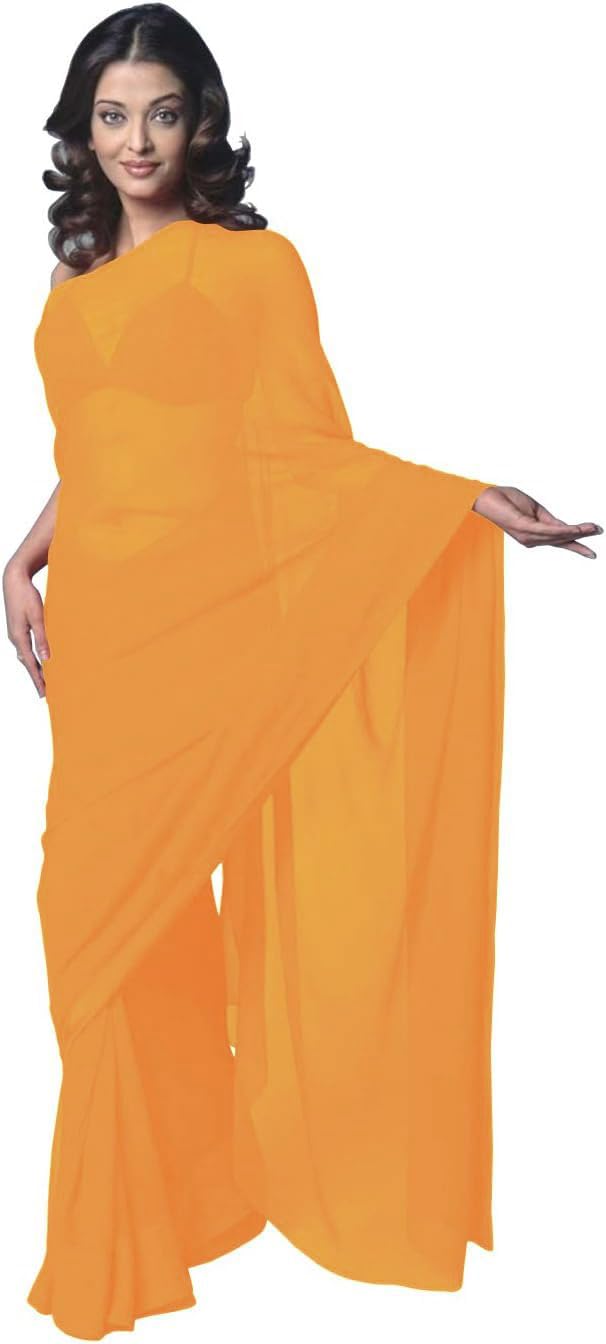 Women's Bollywood Chiffon Plain Sari Festival Uniform Saree Wrap Fabric Unstitched Blouse Piece Party Wear