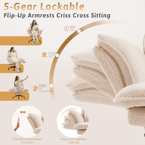Image of Wider Seat Office Chair with Flip Armrests for Criss Cross Legged&Cats, Big and Tall Executive Ergonomic Reclining Chair with Footrest&Lumbar Pillow, Teddy Fleece Desk Chair, Beige Vanity Chair