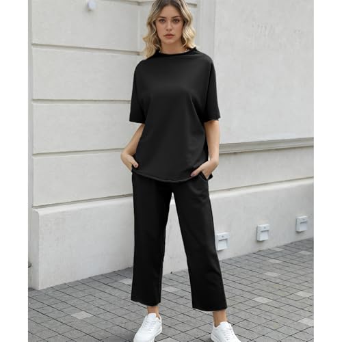 Image of SeeLuNa Women's Two Piece Outfits 3 /4 Batwing Sleeve Capelet Crew Neck Pullover Top Wide Leg Pants Lounge Set