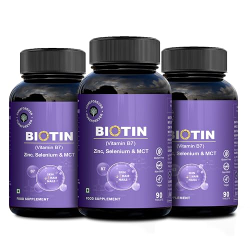 Image of CUREFOREVER Biotin Tablets for Hair Growth, Skin & Nails - 100% RDA with Zinc, Selenium & Coconut MCT | Supplement For Healthy Hair, Nails & Skin | 270 Veg Tablets for Men & Women | 1 Daily Dose (Pack of 3)