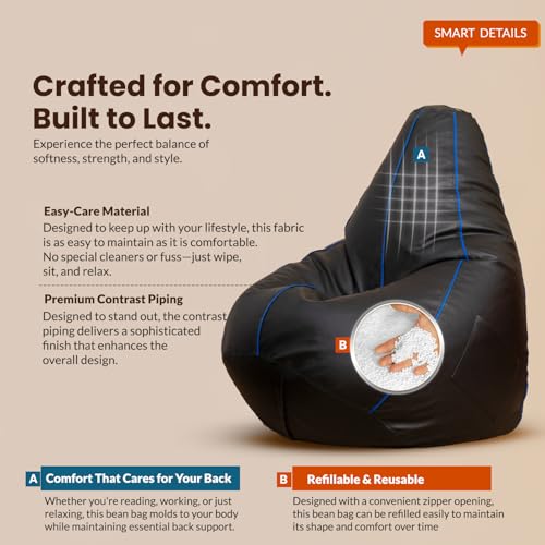 Image of Sattva Classic 2XL Sofa Style Bean Bag Chair with Beans Filled | Faux Leather Bin Bags Sofa Set Chair with Beans Filling | Beam Bag, Large Beanbags for Home & Office - Black with Royal Blue Piping