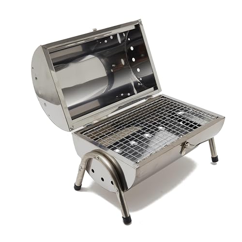 Hi-Gear Stainless Steel Double Sided BBQ with Twin Sided Grill Function, Lightweight, Compact, Foldable, Portable Oil Drum Barbecue, Ideal for Camping, Festivals & Picnics, with Carry Handle, Silver