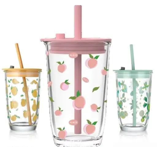 Image of Coffee Mug with Straw & Lid - Multipurpose Mason Jar Style Can Sipper for Green Tea, Milk, Juice, Smoothies & More - Reusable Drinking Cup for Home & Office (Printed Fruit Bottle 2)