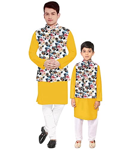 Image of Os Men's & boy kurta pyjama set with nerhu jackets (Multi printed) in cotton (baap beta|father son|)
