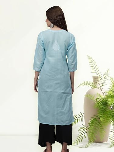 Image of Seva Chikan Hand Embroidered Lucknowi Chikankari Appricoat Peach Terivoil Cotton Kurta for Women SCL4603