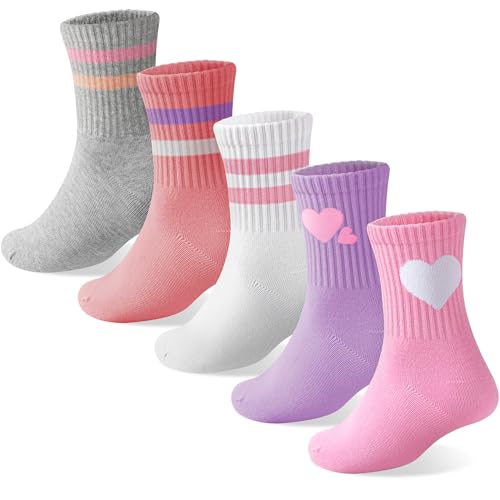 Kids Socks, 5 Pairs Crew Soft Comfort Breathable Athletic Cotton Girls Casual Socks for Running Sport