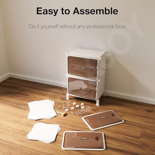 Image of BOXJOY 8 Shelf White Shoe Rack with 4 Brown Doors, Magnets and 5 Hook Steel Holder for Home Storage Box Organizer, Hard PET Plastic with Metal Door Frame, Shoe Chappal Slipper Sandals Stand