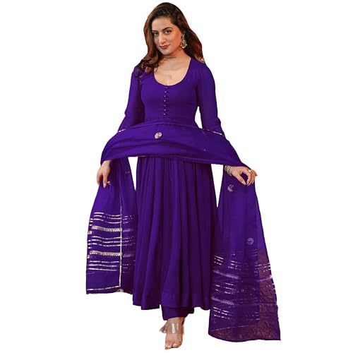 Image of GoSriKi Women's Rayon Viscose Anarkali Solid Kurta with Pant & Dupatta | Soft Comfortable Fabric | Elegant Flared Ethnic Wear Set for Festive Casual Office Daily Use