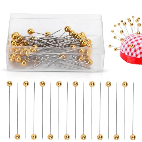 Sewing Pins, 100pcs Straight Pins Golden Pearlized Ball Head Pins Straight Pin for Fabric Straight Quilting Pin with Plastic Box for Sewing Craft Dressmaker Jewelry Decoration