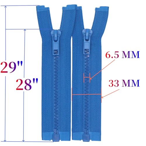 Image of MebuZip 2PCS #5 28 Inch Separating Jacket Zippers for Sewing (Blue) | Resin Zipper Molded Plastic Zippers Bulk for Sewing Jackets Coats Clothes