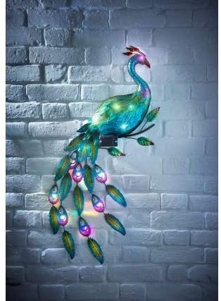 Solar Wall Peacock Light Art LED Power Metal Garden Ornament Decoration