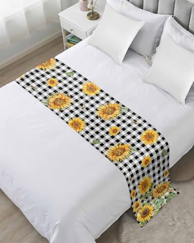Bed Runner Bee Sunflower Bedding Scarves Soft Decorative Bed Flag Farm Black Buffalo Plaid Bed Runners for Cal King Size Bed Home Hotel Bedroom Decor Bed Throws for Foot of Bed Scarf Protector 20x102