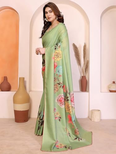 Image of Satrani Women's Tussar Silk Floral Printed Saree with Unstitched Blouse Piece
