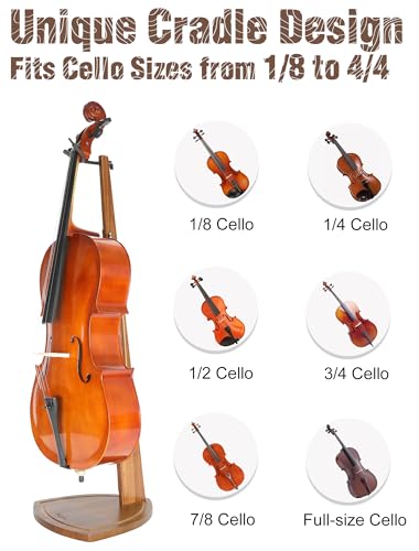 Musbeat Cello Stand with Bow Holder, Handcrafted Zebra Grain Wood Floor Stand for 4/4 Full-Size and 1/2, 1/4, 3/4, 1/8, 7/8 Cello Home and Studio Display