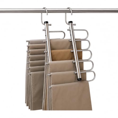 Image of SR (Pack of 3) 5 in 1 Stainless Steel Foldable Hangers for Clothes Hanging Multi Layer Multi-Purpose Pant Hangers for Wardrobe Magic Foldable Hanger Clothes Hanger