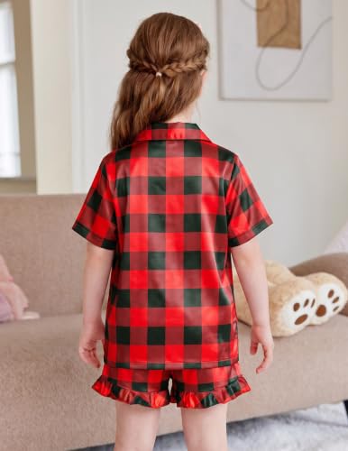 Image of Arshiner Girls Pajamas Silk Satin Pajama Set Button Pjs Ruffle Sleepwear | 2 Piece Nightwear, Silky Soft Lounge for Little & Big Kids, Ideal for Sleeping and Sleepover Party
