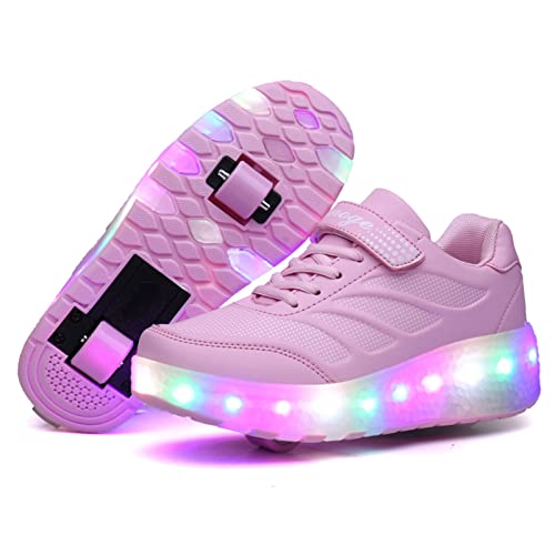 EMDPBD LED Roller Skates with Double Wheels for Kids USB Rechargeable Shoes Retractable Roller Skates Sneakers Shoes for Girls Boys,Pink-4.5BigKid