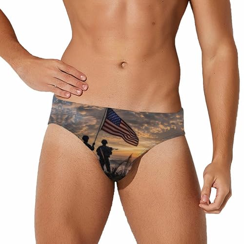 Silhouette of Soldiers with U.S Flag Mens Swim Briefs Bikini Swimwear Print Beach Shorts Sexy Swimsuit S