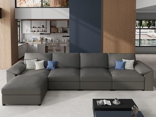 EASE MOOSE Oversized Modular Sectional Sofa,Leather Sectional Couch with Deep Seat,Extra Large L Shaped Couch,Modern Comfy Scratch Resistant Faux Leather Material Sofa,Grey