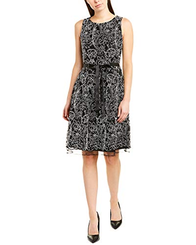 Tahari ASL Women's Embroidered Mesh Sleeveless Fit and Flare Dress, Black Ivory, 14