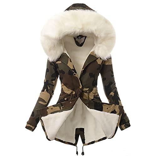 Generisch Damen Winterjacke Lang Camouflage mit Kapuze Winterparka Damen Warm Gefüttert Dicke Jacke Damen Winter Warme Wintermantel Mittellang Camo Outdoor Jacken Für Frauen Parka mit Knöpfen Zipper