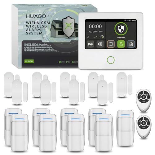 HUXGO® HXA502 Kit Alarma hogar inalámbrica WiFi + gsm 4G con Sirena integrada | Sistema de Seguridad para casa con 9X sensores PIR y 9X sensores Puerta/Ventana | Smart Home Security, menú en Español