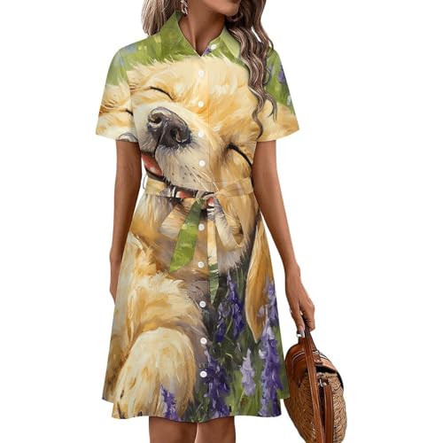 Vestido camisero de verano con mariposas y manga corta para mujer