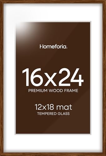Image of Homeforia Walnut Picture Frame 16x24, High End Dark Oak 16x24 Brown Wooden Frames with Mat 12x18, 16 x 24 Wood Poster Frame Matted to 12 by 18, 24x16 Hanging Frames, Tempered Glass, Wall Kit, Set of 1