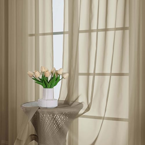 Image of OWENIE Extra Long Taupe Sheer Curtains 96 Inches Long 2 Panels Set, Soft Lightweight Airy Voile Sheer Curtain for Bedroom Living Room, Rod Pocket Solid Color Farmhouse Curtains, 59 inch Wx96 L Inch