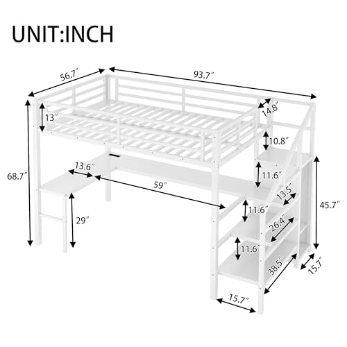 Image of Bellemave Full Size Loft Bed with Desk and Wardrobe Storage Stairs and Wardrobe, LED USB, Loft Bed Full Size for Teens Metal, White