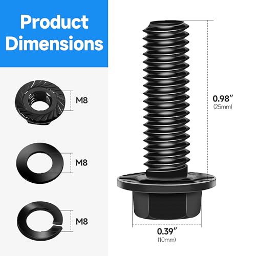Image of (10Sets) M8 Bolt x 25mm Flanged Hex Head Bolts, External Flange Hex Drive M8 Screws, Class 10.9 Black Zinc Plated Alloy Steel Metric M8x1.25 Bolts Kit