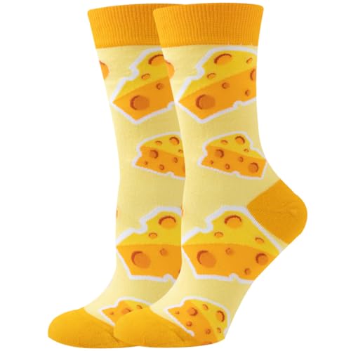 Lustige Essenssocken für Männer & Frauen – Feinschmecker-Designs – Käse, Ei, Speck, Pizza, Eis, Pommes, Kegel – Neuheit Geschenk Socken für Geburtstag, Weihnachten, Gelber Käse, Einheitsgröße