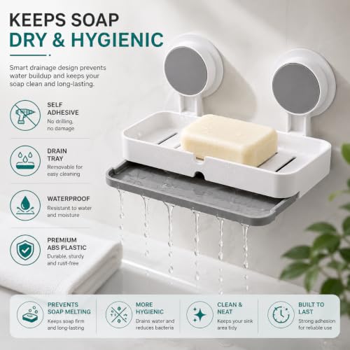 Image of Zollyss Double Soap Holder for Bathroom & Kitchen | Self Adhesive Wall Mounted Soap Dish with Drain Tray | No Drill Waterproof ABS Plastic