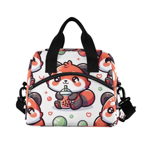 Image of Lunch Bag Cute Red Panda with Bubble Tea Cartoon Insulated Lunch Box for Women Men Tote Bag with Detachable Shoulder Strap for Office School Picnic Hiking