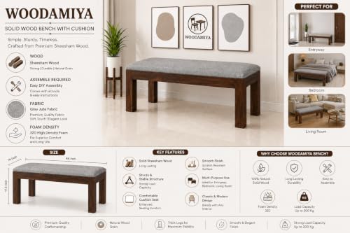 Image of Solid Wood Seating Bench for Indoor and Outdoor Uses l Bench for Daining Room, Balcouny, Office, Gym, Garden l Easy DIY l Walnut Finish l 44x14x17.5 Inch l Graye Jute l 32 Density