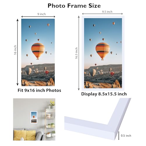 Image of JCJMY 9x16 Picture Frame White for Wall Hanging, Wall Mounting Horizontally or Vertically, 9 x 16 Wall Gallery Poster Photo Frame with Shatter Resistant Plexiglass, White