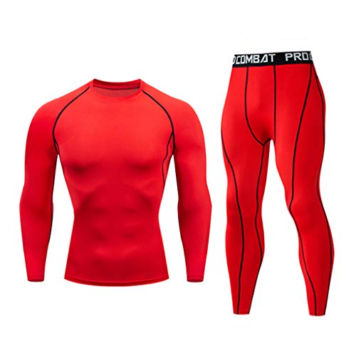 Rikay Mens Sports Sets, 2 Pieces Men's Sports Suit Sets Compression Tights & Shirts Gym Yoga Fitness Tracksuits Red