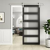 BARNSMITH 42in x 96in Glass Barn Door with 7FT Nickle Sliding Door Hardware Included, 5-Panel Frosted Glass Sliding Barn Door, Solid Wood Covered with Water-Proof PVC Surface, Easy Assembly, Black