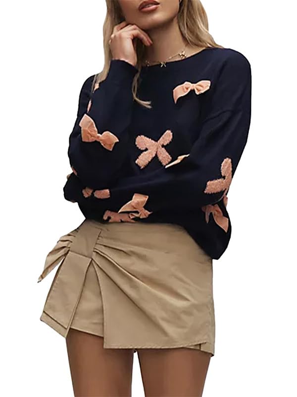 NUFIWI Women Y2K Bow Print Knit Sweater Crew Neck Bownot Knitted Pullover Cute Graphic Sweaters with Bows Knitwear Streetwear