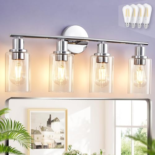 DLLT 4-Light Bathroom Light Fixtures: Chrome Modern Vanity Lights with 4 E26 Bulbs - Clear Glass...