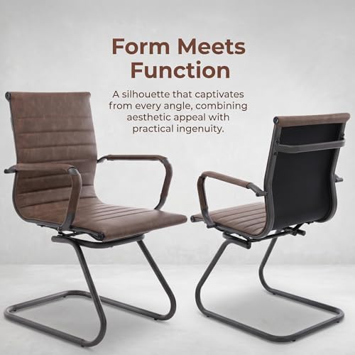Image of HNY Leather Office Guest & Reception Chairs Set of 2, Modern Waiting Room Chairs with Arms, Desk Chair no Wheels with Sled Base for Waiting Room /Conference Room, Retro Brown