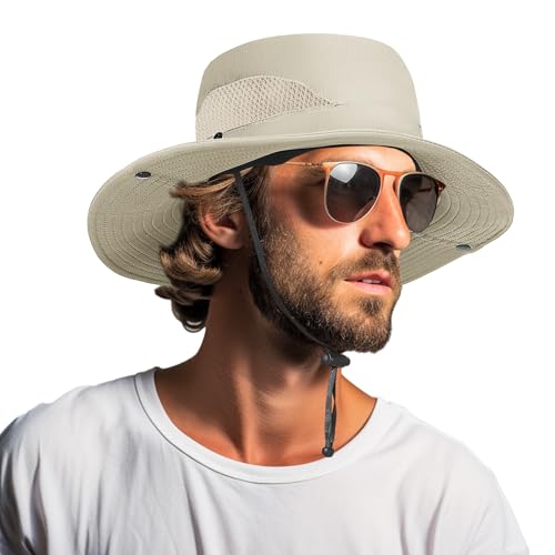 AGLIFEFY Chapéu de sol masculino FPS 50+, respirável, chapéu de pesca, aba larga, proteção UV, Cáqui