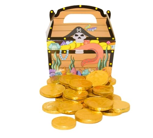 170g Goldmünzen aus Milchschokolade plus 1x Piraten-Schatzkiste aus Karton I ca. 25 Stück I Fair Trade Kakao I Ideal als Mitgebsel und für Kindergeburtstage
