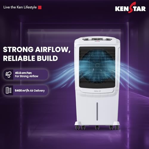 Image of Kenstar Helios HC 90 Desert Air Cooler 90L|5 Star BEE Rated|5 Year Motor & Pump Warranty |50 ft Air Throw I Honeycomb Cooling|3-Speed | Water Level Indicator | Collapsible Louvers I Off White & Black