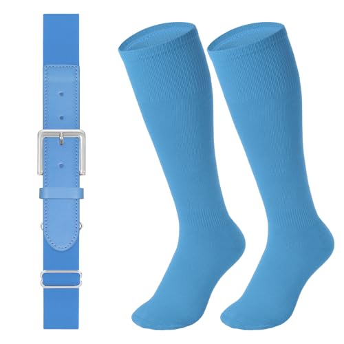 LEACOOLKEY Baseball Belt and Socks Combo Set Softball Socks and Elastic Belt for Youth Boys Girls Columbia Blue