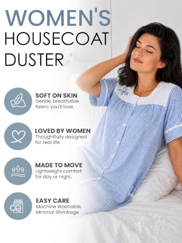 Image of Casual Nights Women's Snap - Front House Dress Short Sleeve Woven Housecoat Duster Lounger Robe with Pockets