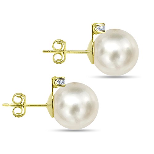 Amazon Collection 14K Yellow Gold 1/16Cttw Diamond With 10-10.5Mm Round White Freshwater Cultured Pearl Stud Earrings #TOP1