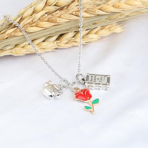 UJIMS Beauty Movies Gifts Mirror and Rose Charm Necklace Princess Fans Jewelry Beauty Fairy Story Gift2